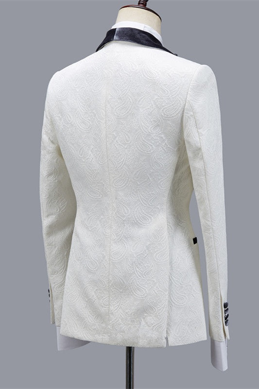 Elegant White Jacquard 3 Pieces Wedding Suits With Gray Velvet Lapel
