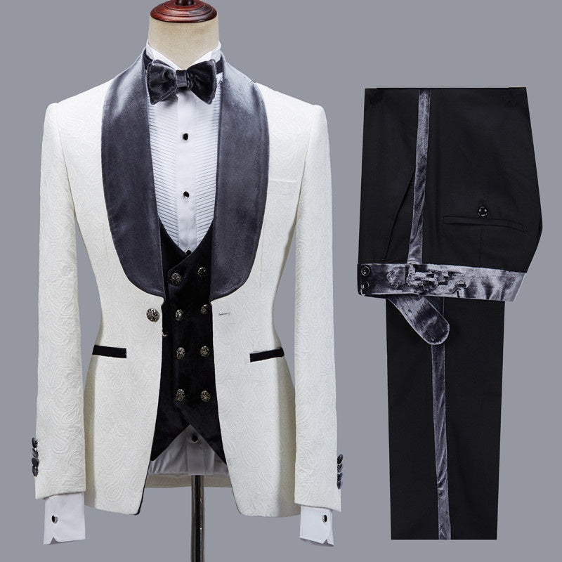 Elegant White Jacquard 3 Pieces Wedding Suits With Gray Velvet Lapel