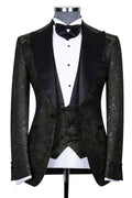 Charming Dark Green 3 Pieces Jacquard Prom Suits With Waistcoat