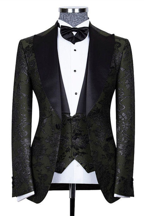 Charming Dark Green 3 Pieces Jacquard Prom Suits With Waistcoat