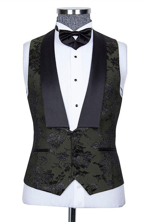 Charming Dark Green 3 Pieces Jacquard Prom Suits With Waistcoat