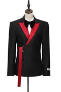 Fashion Black Peaked Lapel Slim Fit Men Suits With Adjustable Buckle