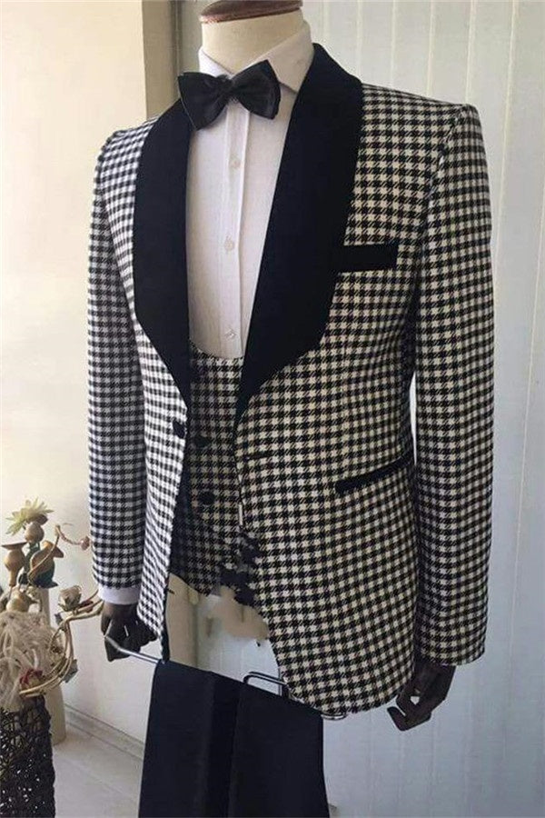 Trendy Black And White Houndstooth 3 Pieces Prom Men Suits