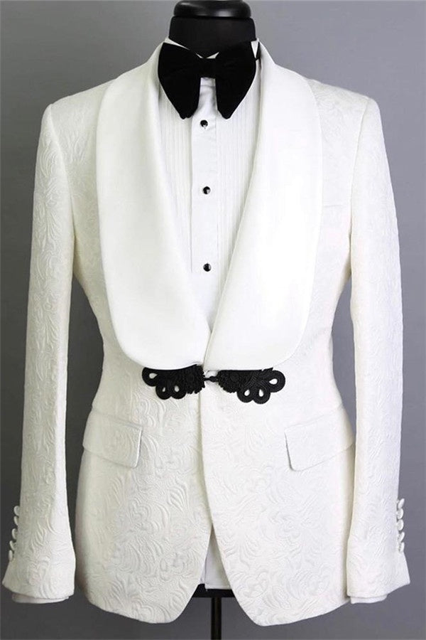 Trendy White Jacquard Shawl Lapel Men's Wedding Suits