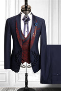 Fancy Navy Blue 3 Pieces Shawl Lapel Prom Suits With Jacquard Vest