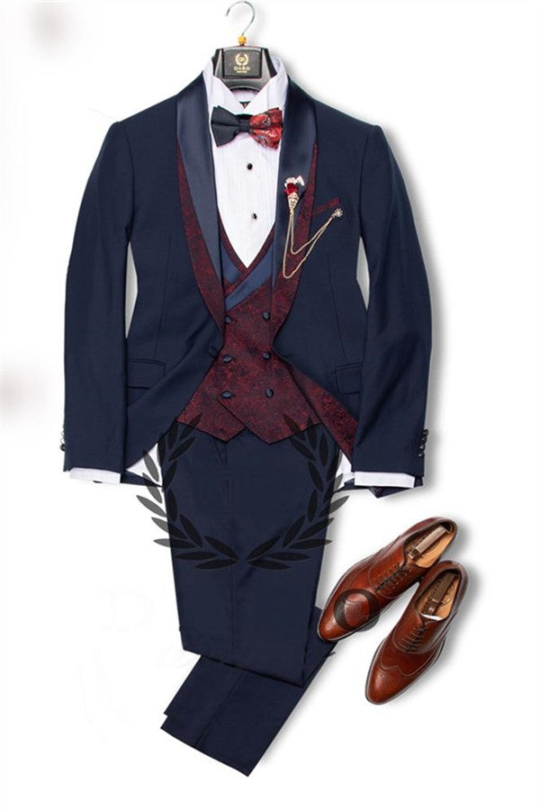 Fancy Navy Blue 3 Pieces Shawl Lapel Prom Suits With Jacquard Vest