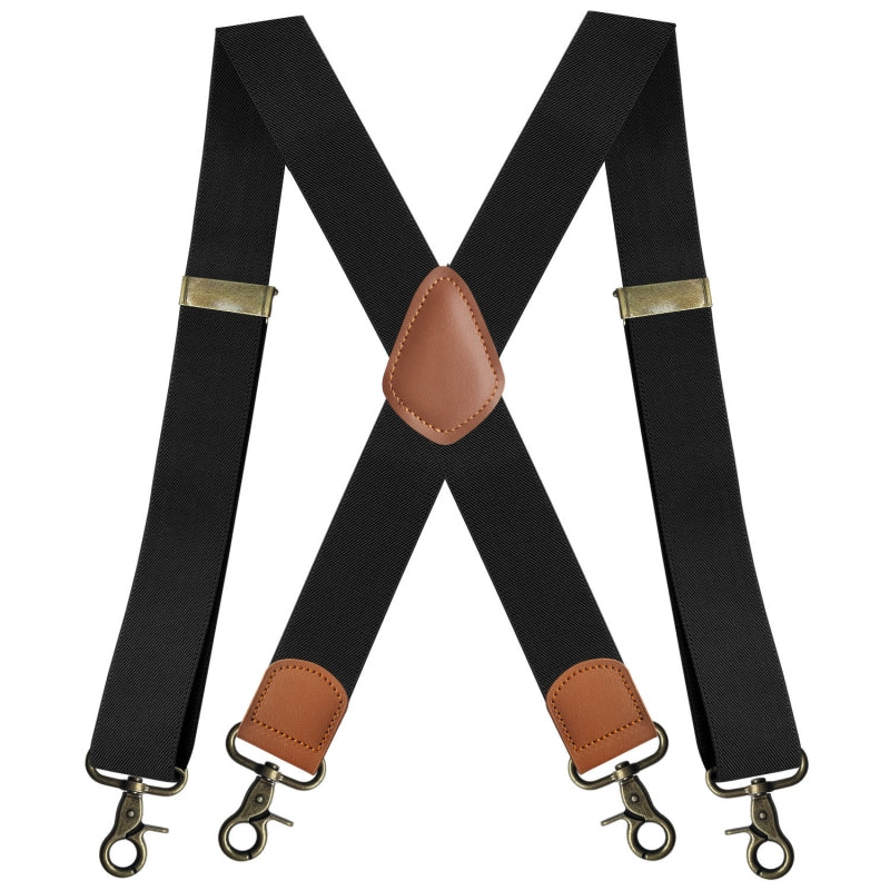 Black X-back Suspenders With Antique Bronze Hooks And Brown Leather Tabs