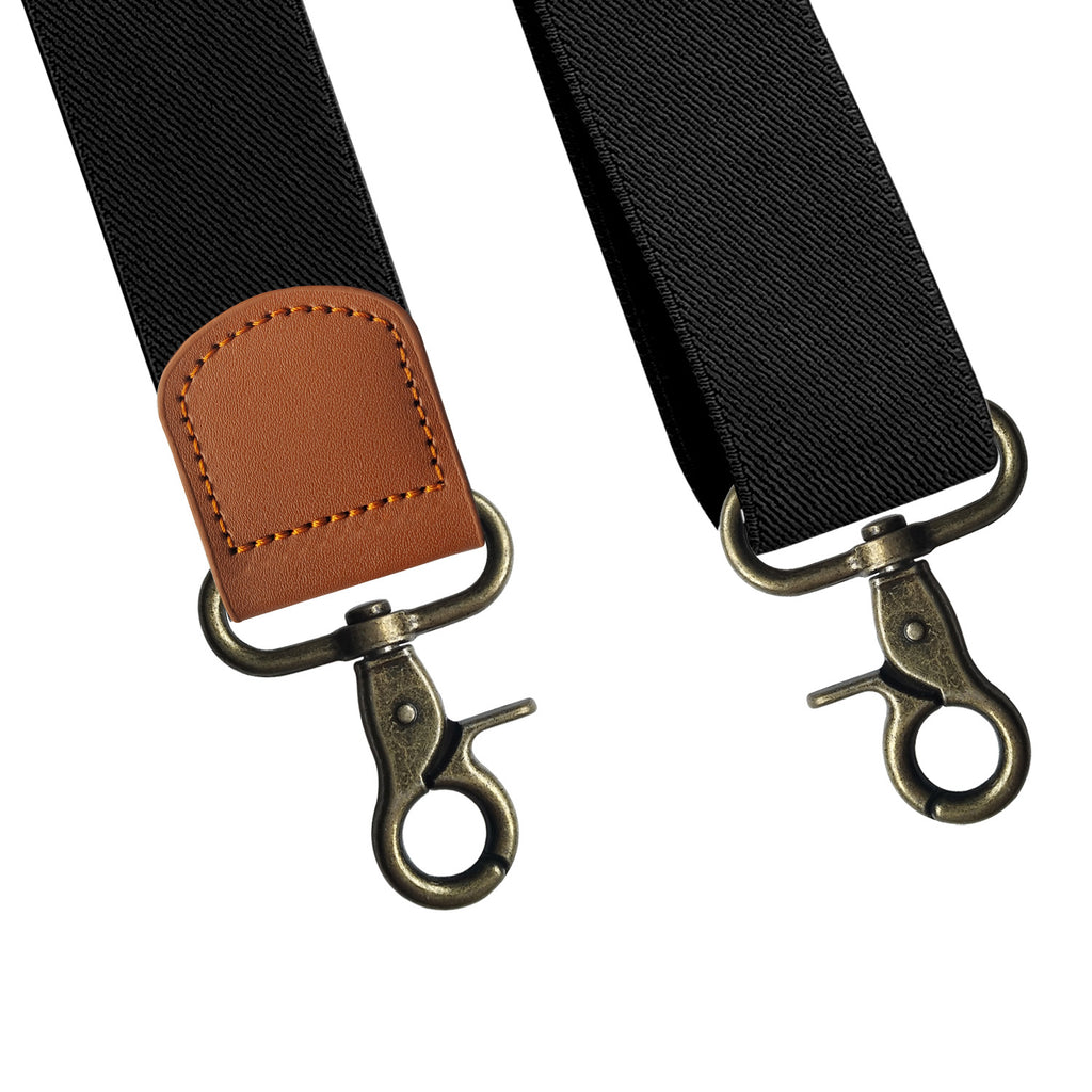 Black X-back Suspenders With Antique Bronze Hooks And Brown Leather Tabs
