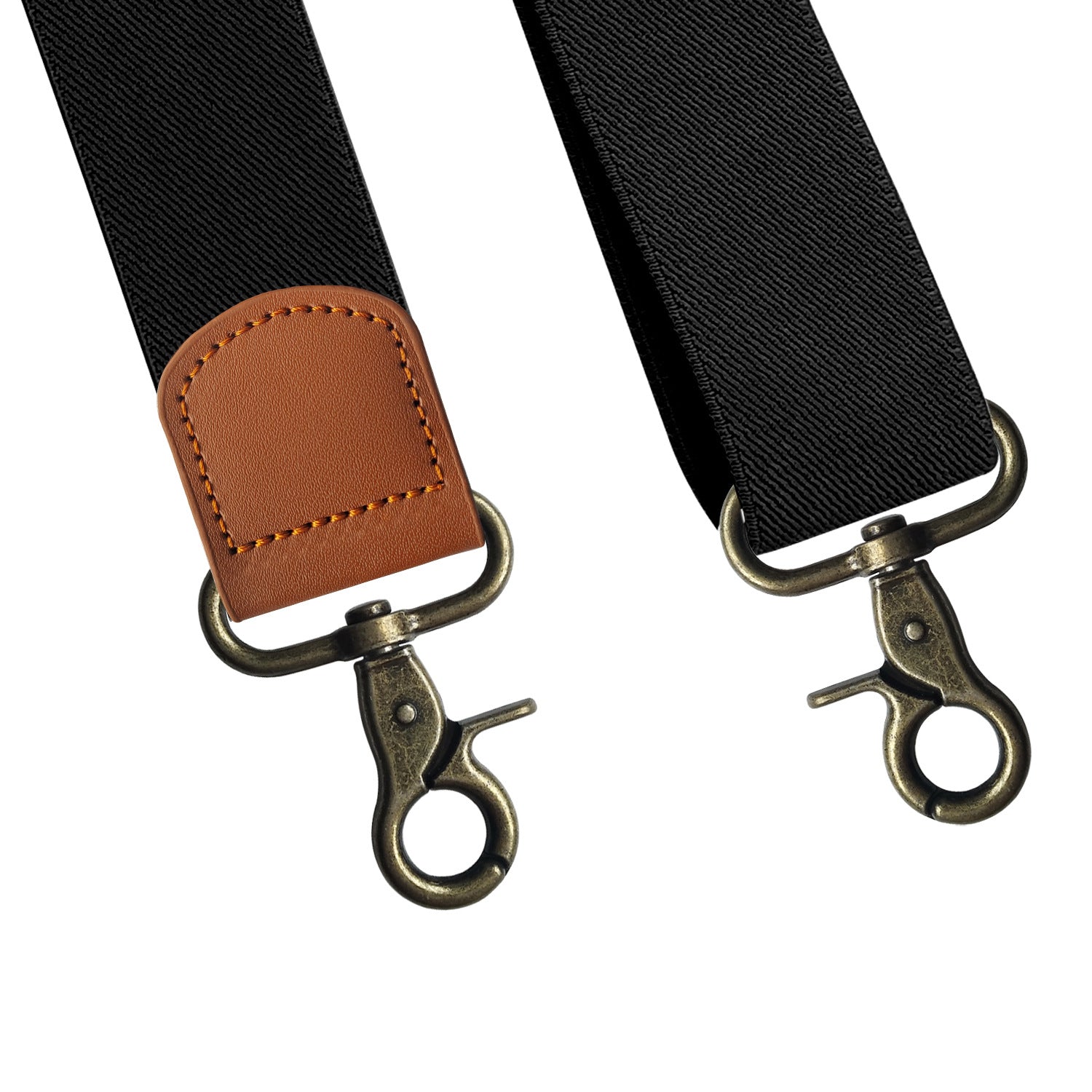 Black X-back Suspenders With Antique Bronze Hooks And Brown Leather Tabs