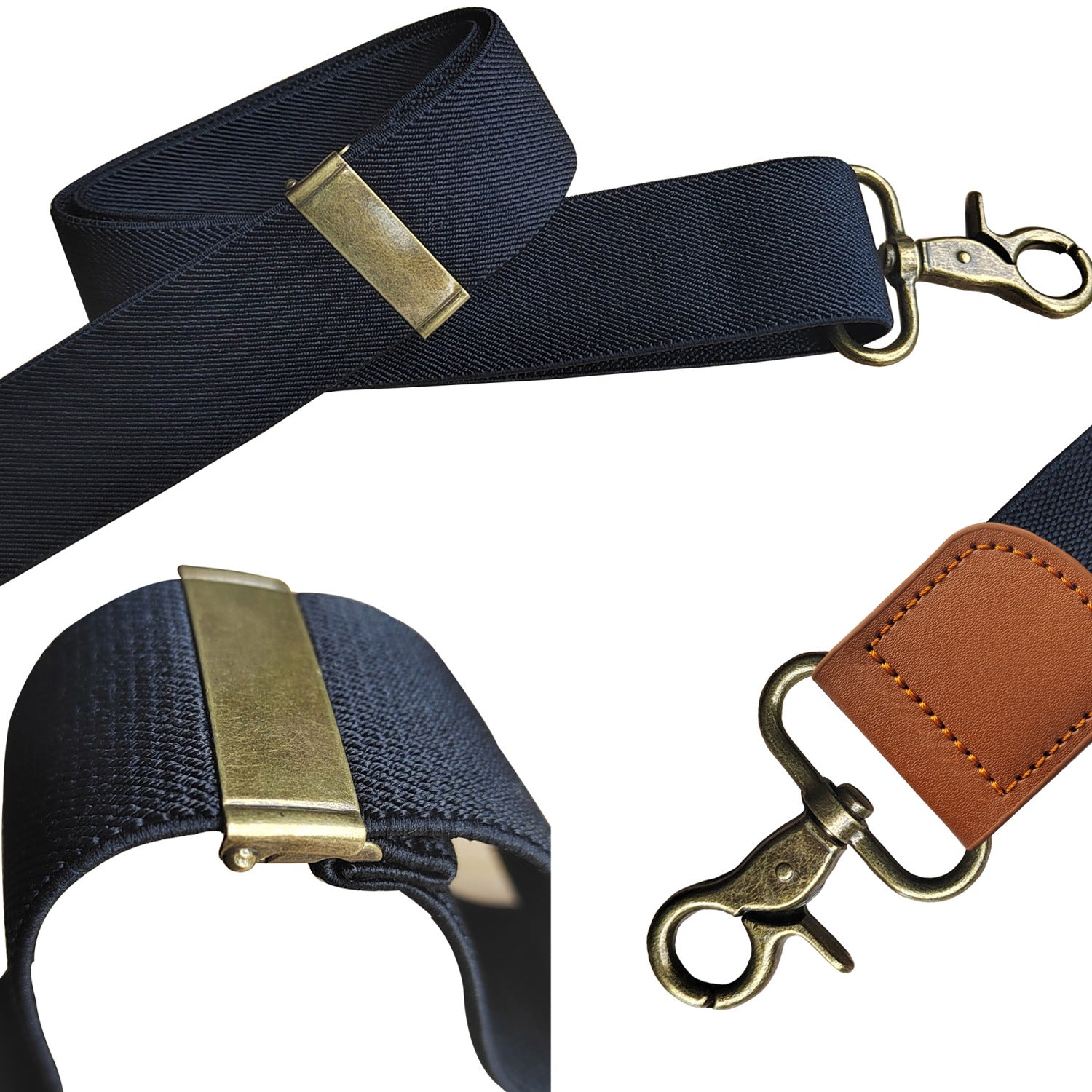 Black X-back Suspenders With Antique Bronze Hooks And Brown Leather Tabs