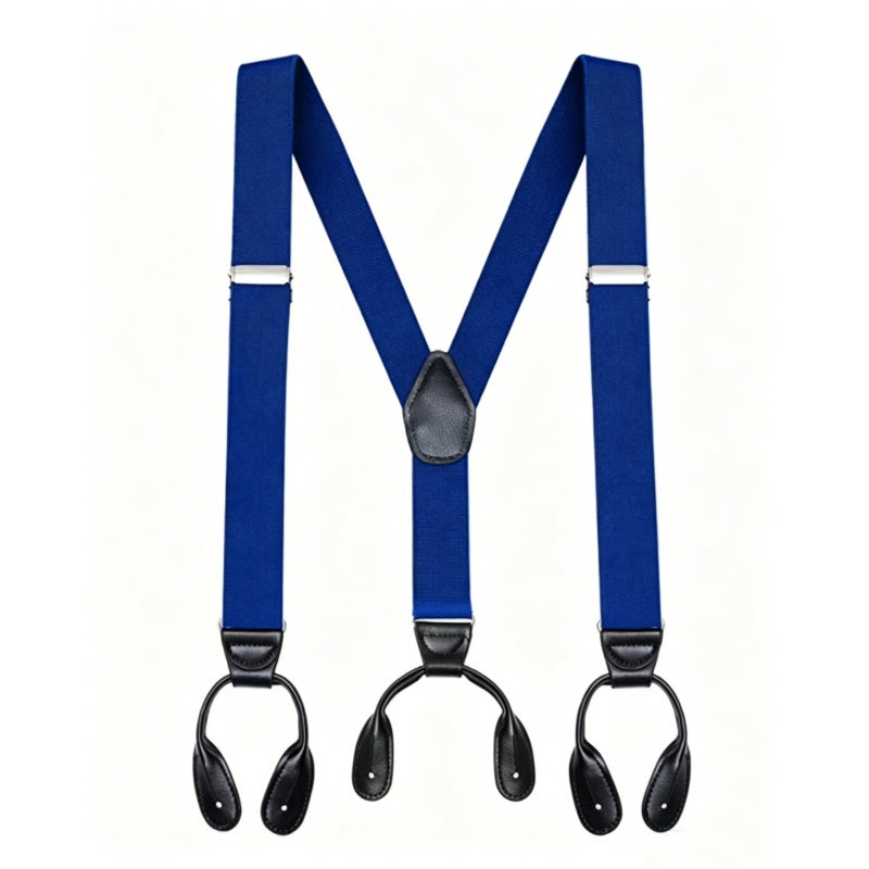 Royal Blue Y-Back Leather Button End Suspenders For Men