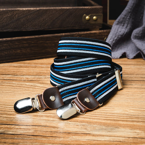 Black Base White & Blue Striped Universal Clip-On Suspenders For Men