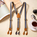 Blue Beige Striped Y-Back Leather End Button Suspenders For Men