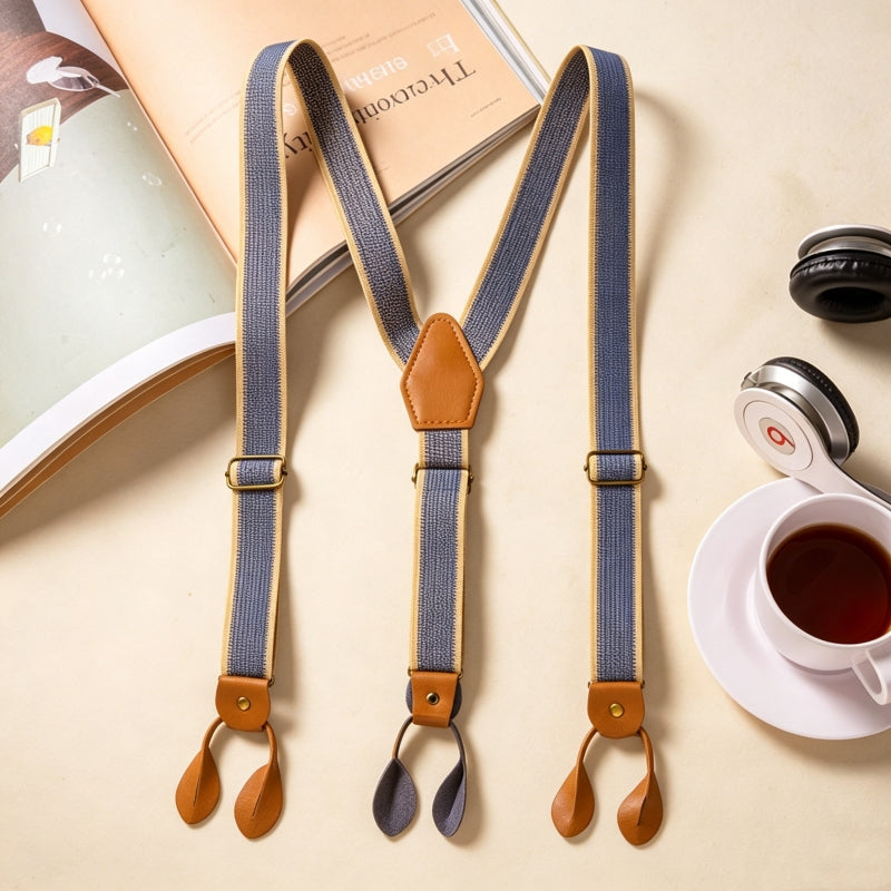 Blue Beige Striped Y-Back Leather End Button Suspenders For Men
