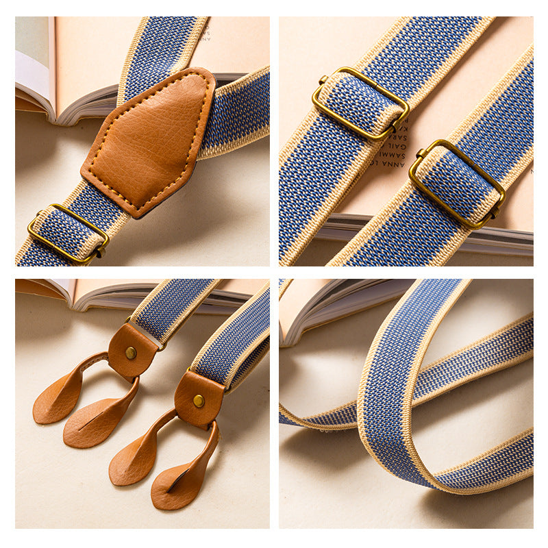Blue Beige Striped Y-Back Leather End Button Suspenders For Men