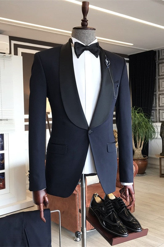 Formal Navy Blue Shawl Lapel Slim Fit Wedding Suits