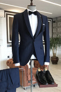 Formal Navy Blue Shawl Lapel One Button Wedding Groom Suits