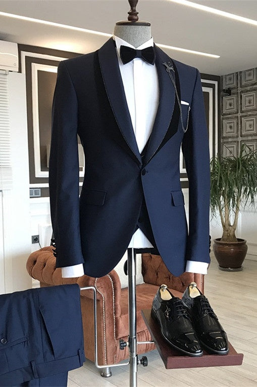 Formal Navy Blue Shawl Lapel One Button Wedding Groom Suits