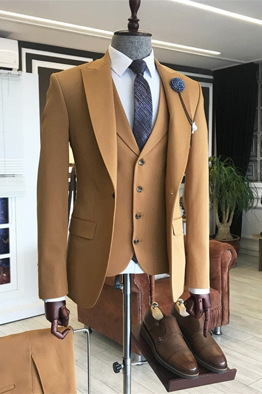 Bespoke Light Brown 3 Pieces Close Fitting Business Suits