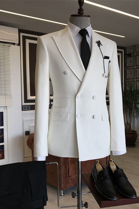 Stylish White Double Breasted Peaked Lapel Business Suits
