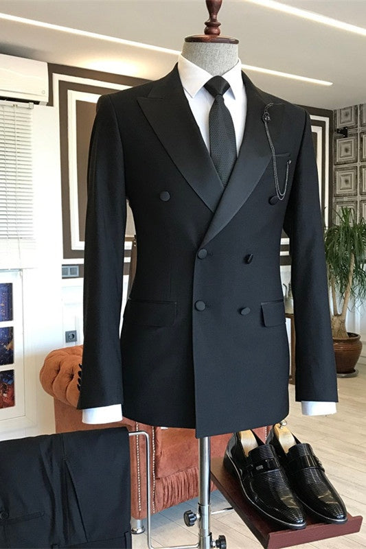 Stylish Black Double Breasted Peaked Lapel Business Suits