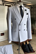 Stylish Light Gray Peaked Lapel Double Breasted Business Suits