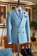 Stylish Sky Blue Peaked Lapel Double Breasted Prom Men Suits