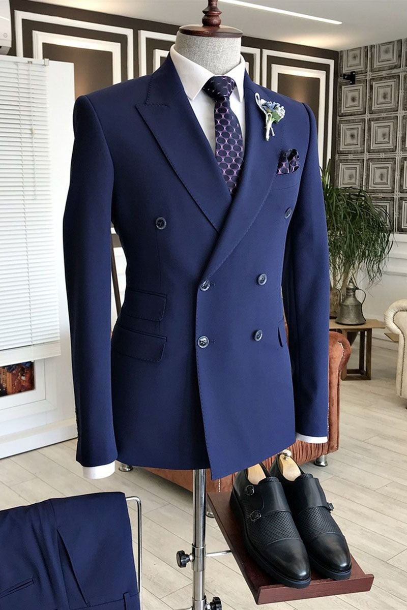 Trendy Dark Blue Peaked Lapel Double Breasted Business Suits