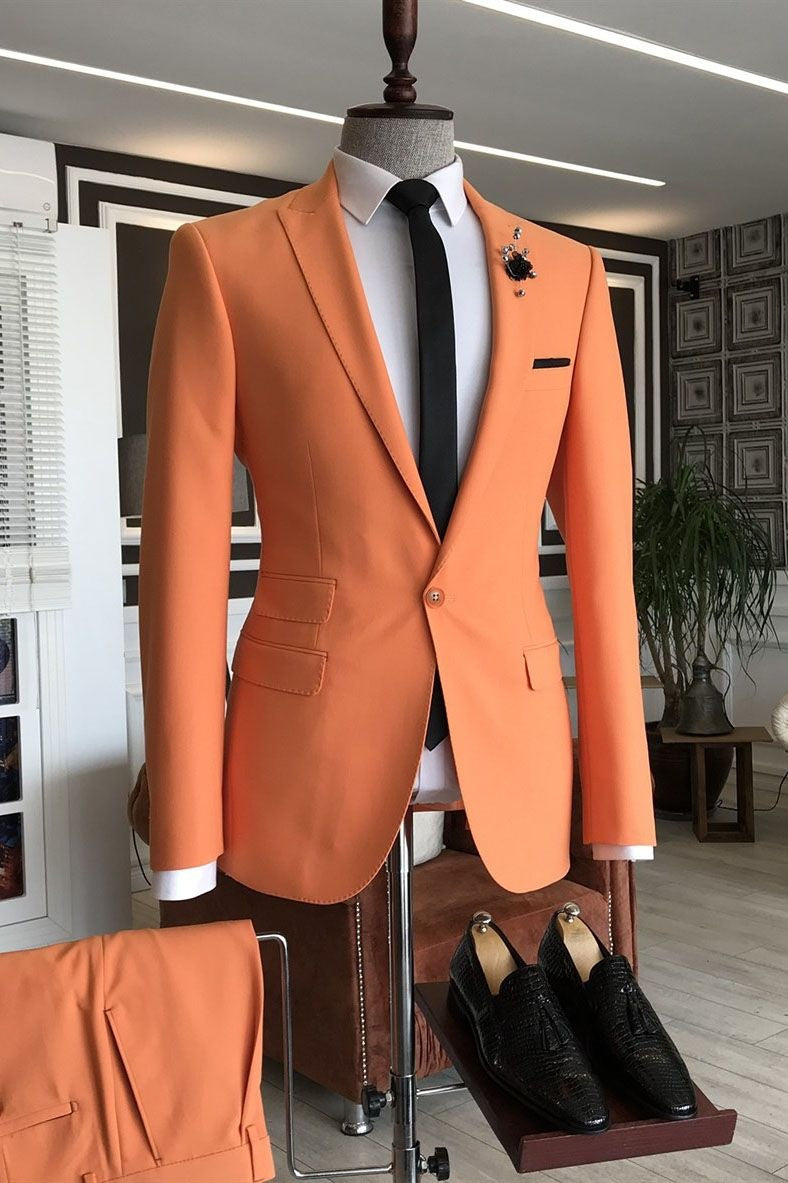 Trendy Orange Peaked Lapel Close Fitting Prom Men Suits