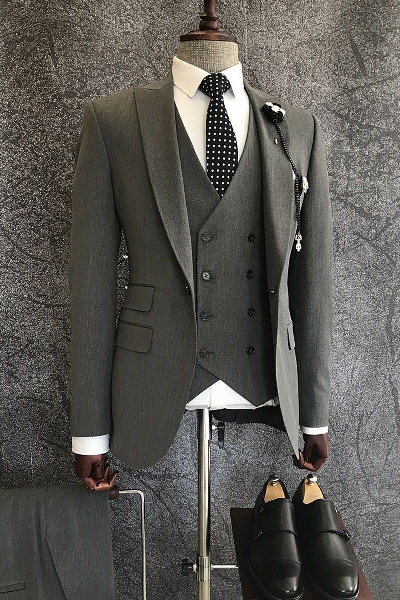 Formal Dark Gray 3-Pieces Peaked Lapel Suits For Business Men