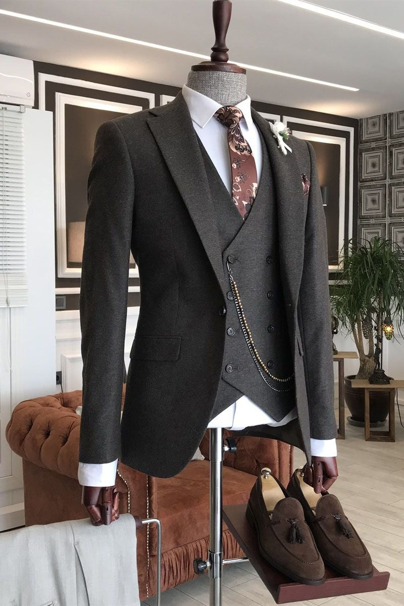 Formal Dark Coffee 3-Pieces Notched Lapel Suits For Business Men