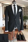 Chic Black Pinstriped Notched Lapel Business Men Suits