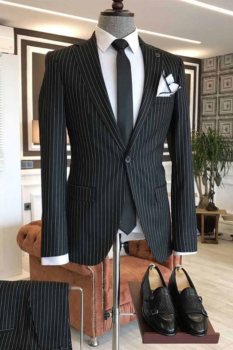 Chic Black Pinstriped Notched Lapel Business Men Suits