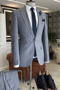 Classy Gray Peaked Lapel Pinstriped Formal Men Suits