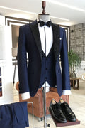 Modern Navy Blue 3-Pieces Black Jacquard Peaked Lapel Suits For Men