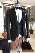 Modern Black 3-Pieces Jacquard Peaked Lapel Suits For Men