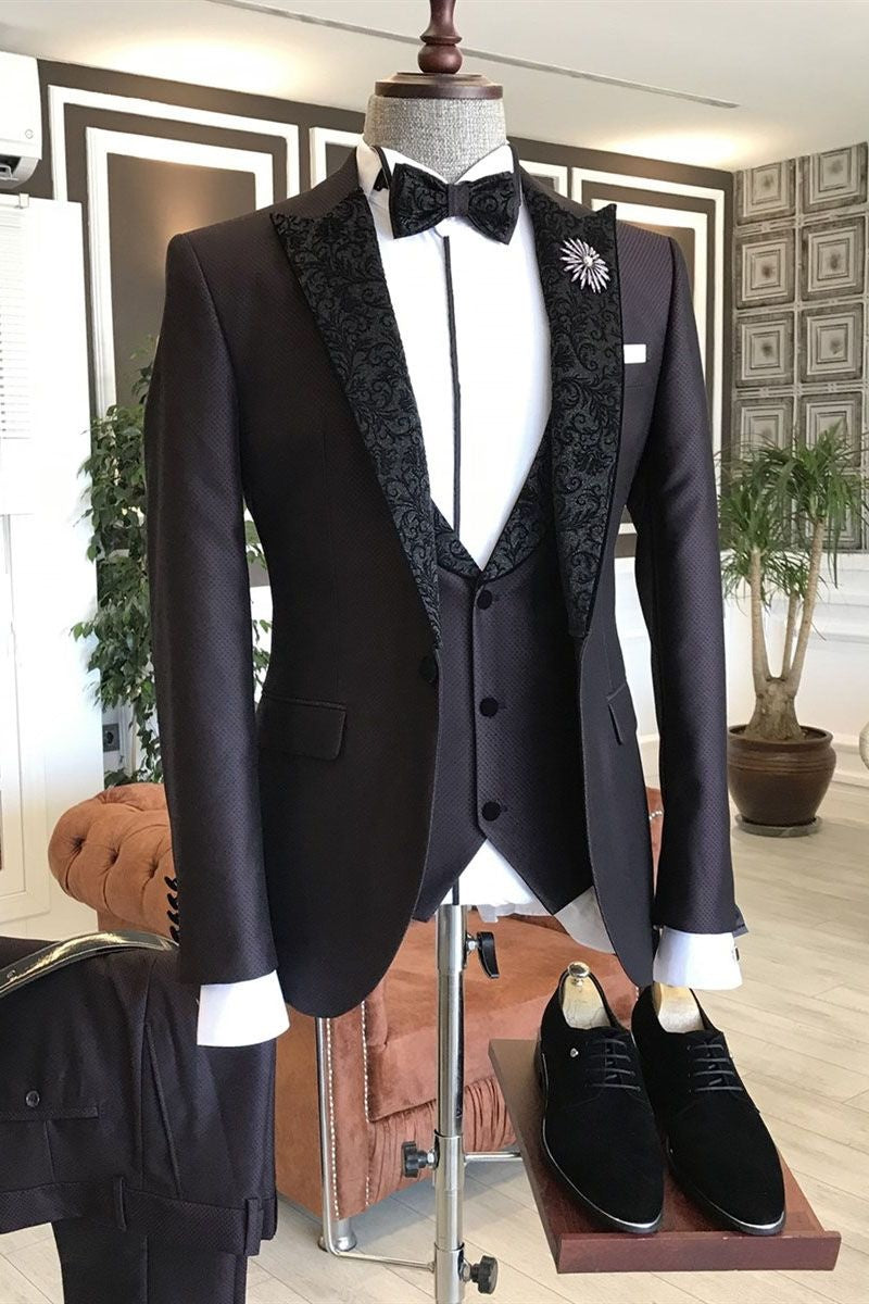 Modern Black 3-Pieces Jacquard Peaked Lapel Suits For Men