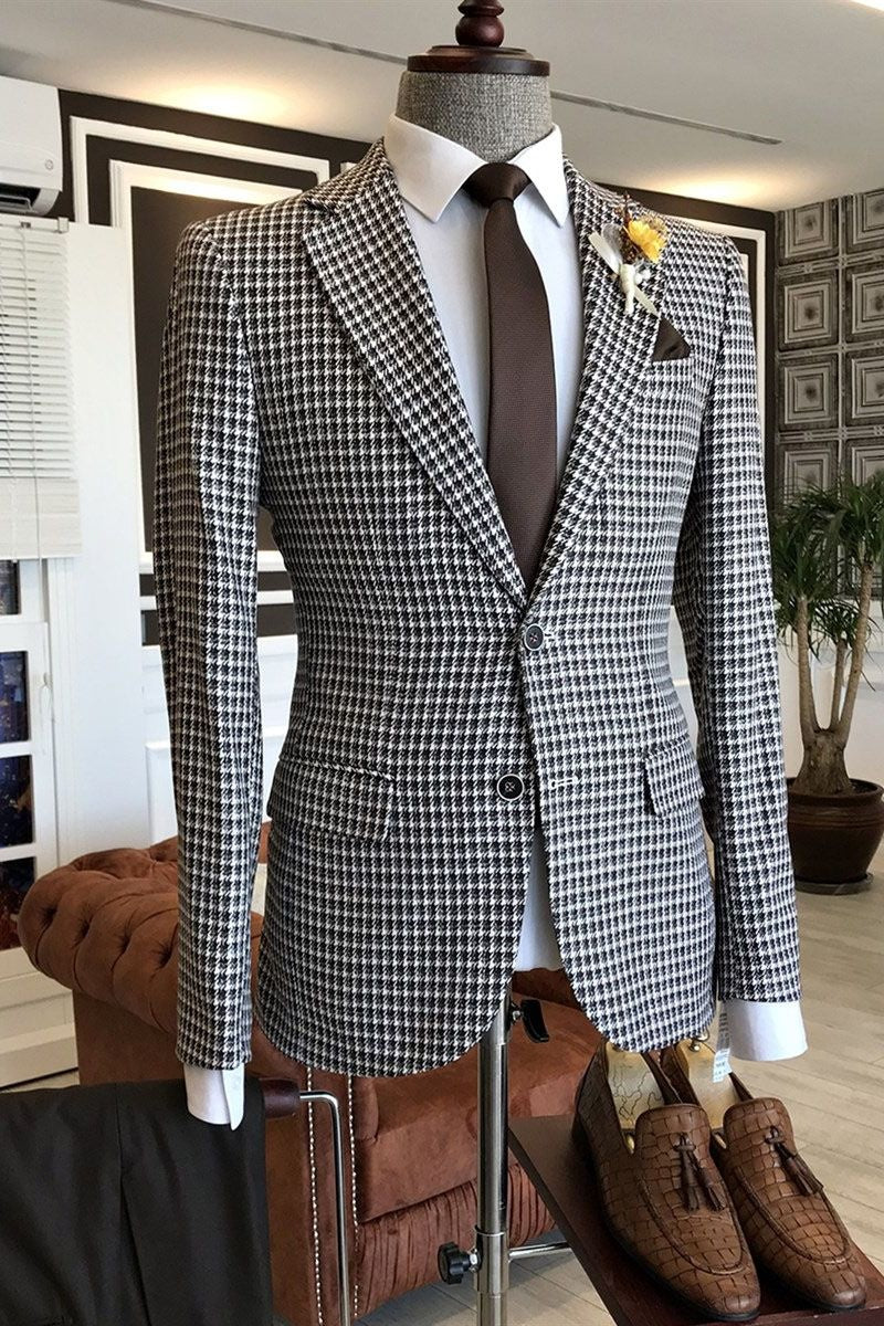 Classic Black And White Houndstooth Notched Lapel Business Suits