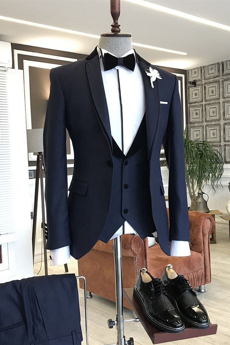 Bespoke Navy Blue 3 Pieces Slim Fit Men's Suits For Prom