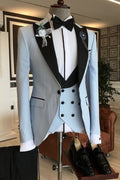 Popular Sky Blue 3-Pieces Black Lapel Slim Fit Prom Men Suits