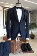 Popular Navy Blue Shawl Lapel With One Button Wedding Suit