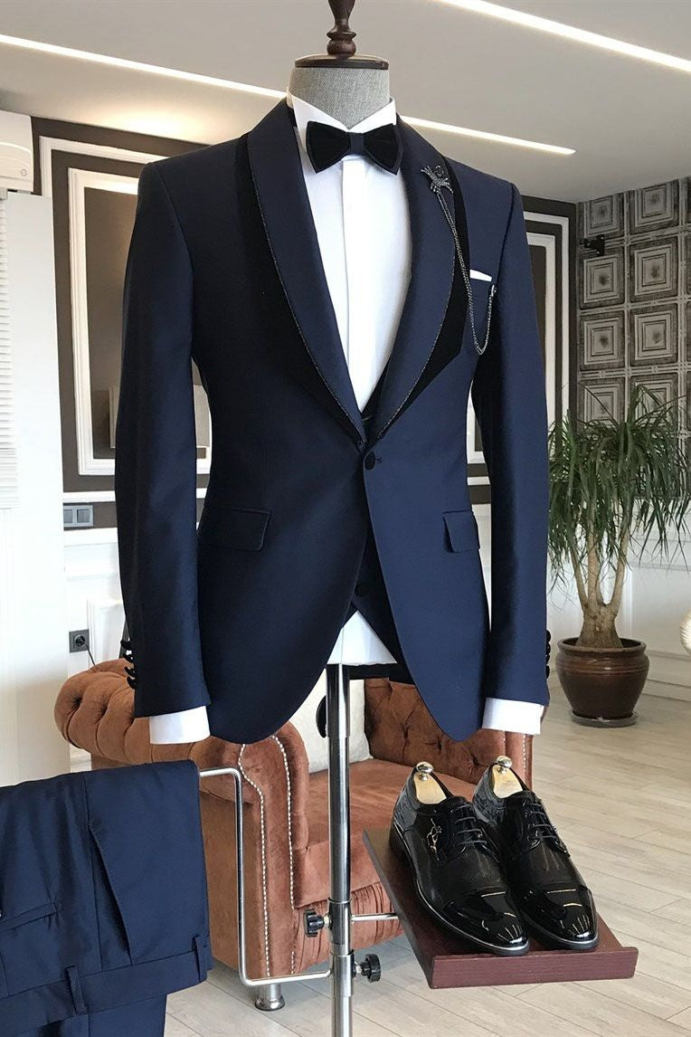 Popular Navy Blue Shawl Lapel With One Button Wedding Suit