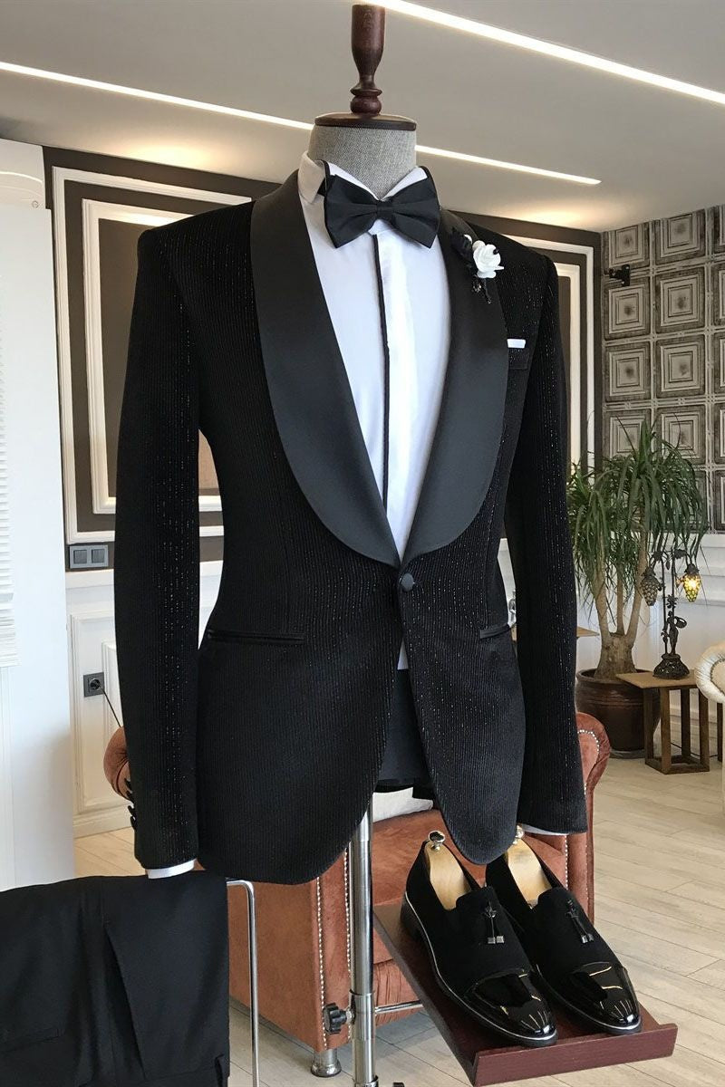 Gentle Black Corduroy Shawl Lapel Prom Men Suits