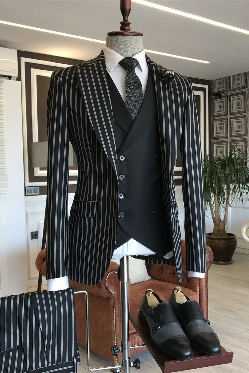 Classy Black 3 Pieces Pinstriped Business Suits With Vest