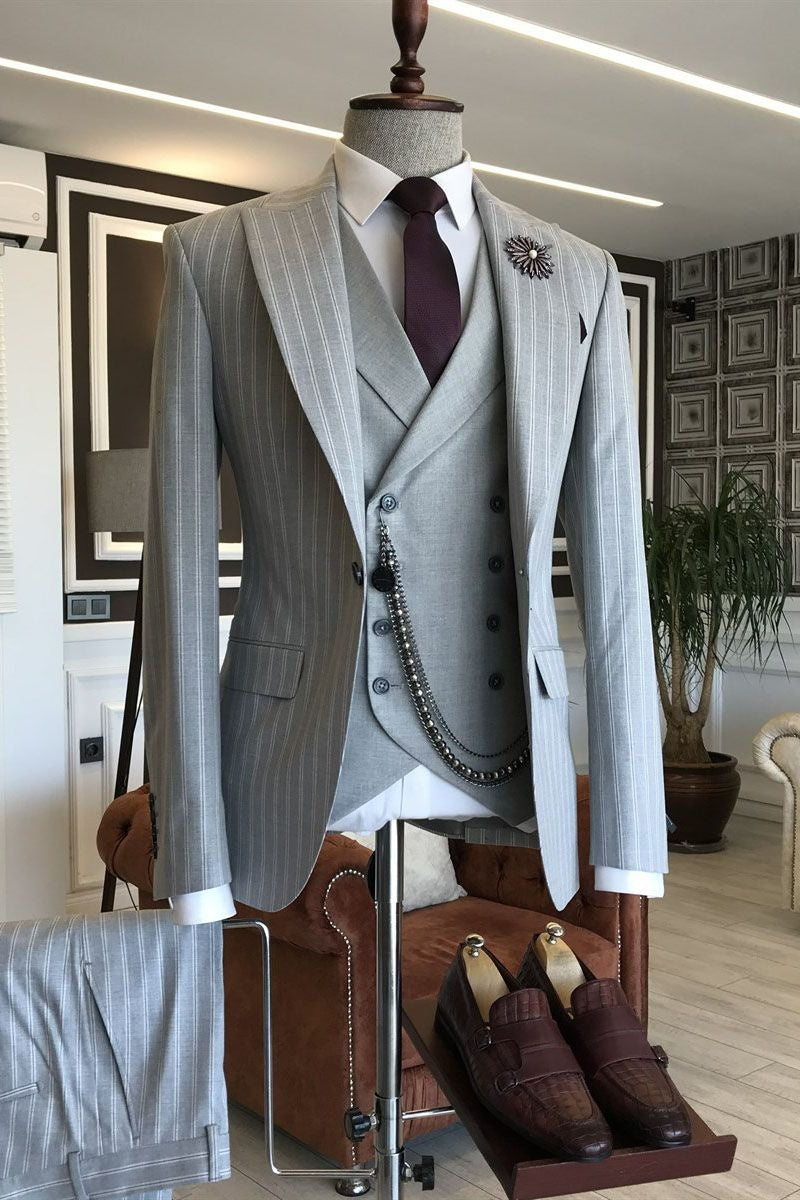 Classy Gray 3 Pieces Pinstriped Business Suits With Vest