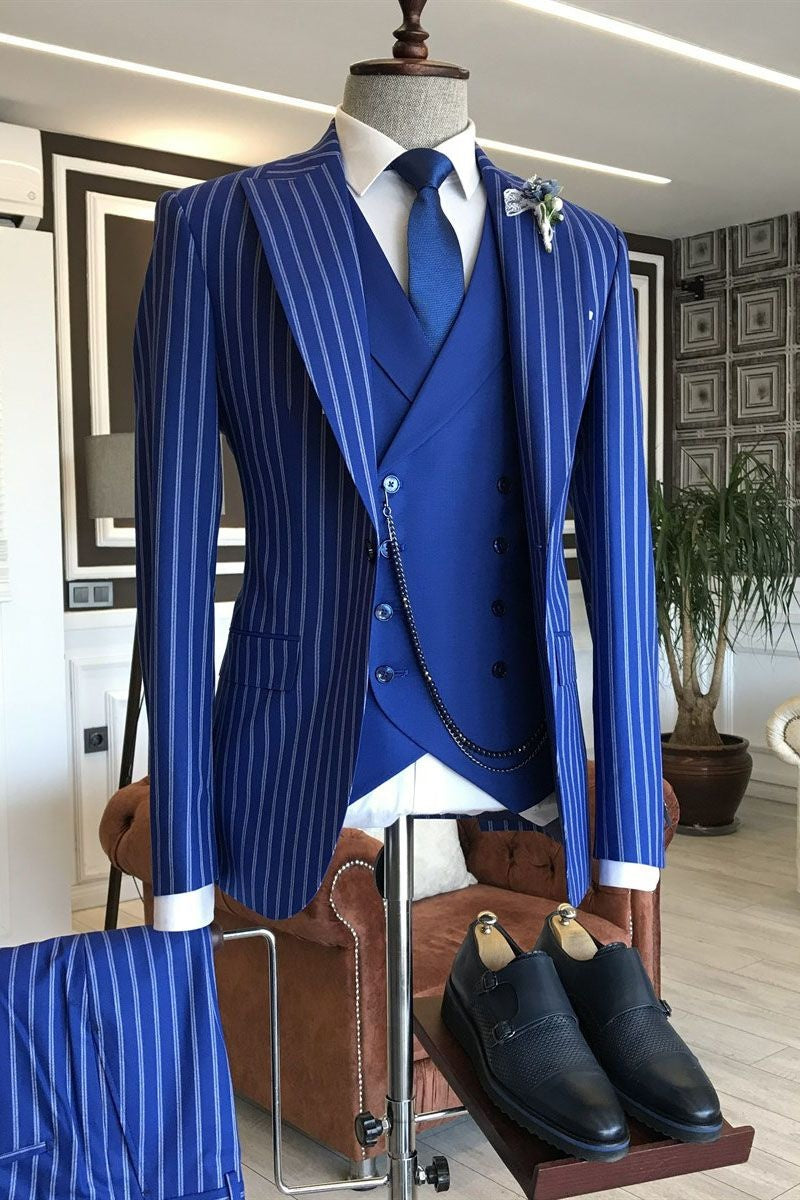 Beautiful Royal Blue Pinstriped 3 Pieces Men's Prom Suits