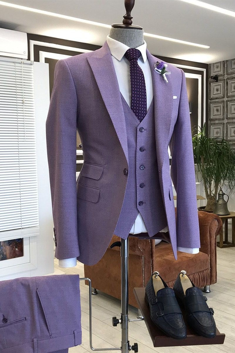 Mild Purple 3 Pieces Peaked Lapel Close Fitting Prom Suits