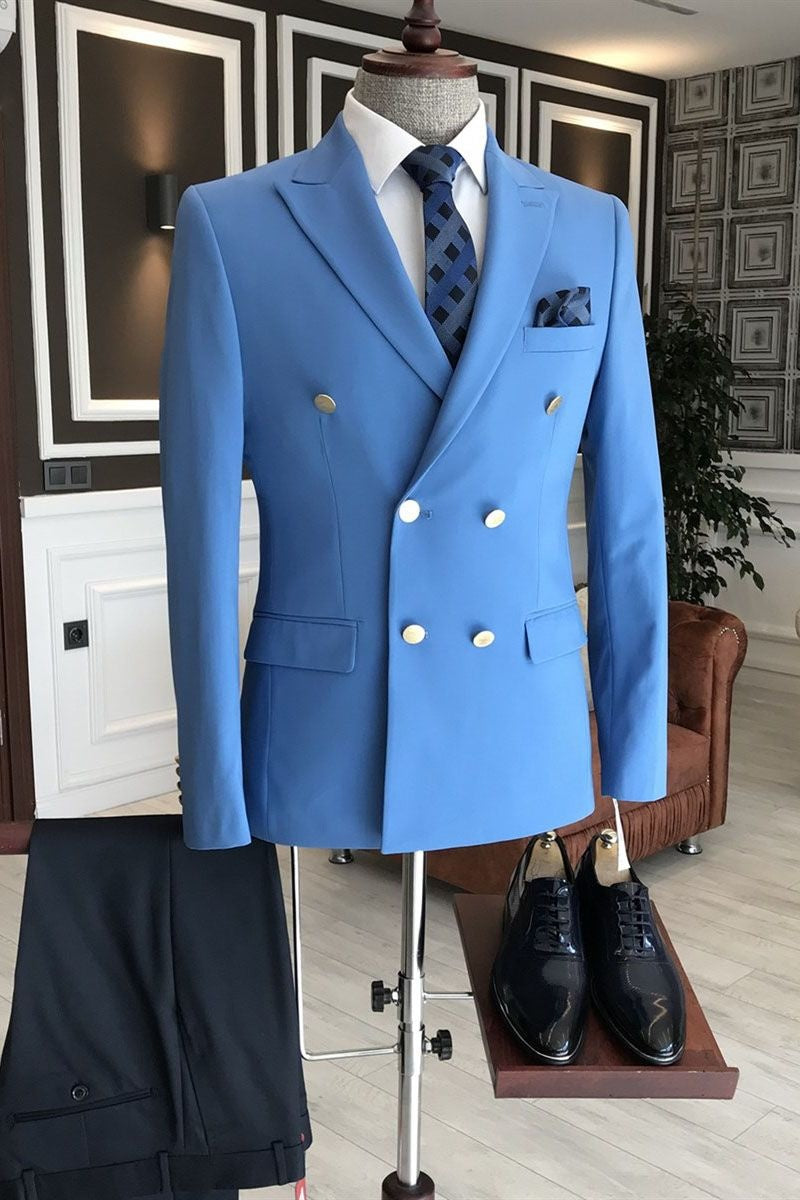 Fancy Sky Blue Double Breasted Prom Suits