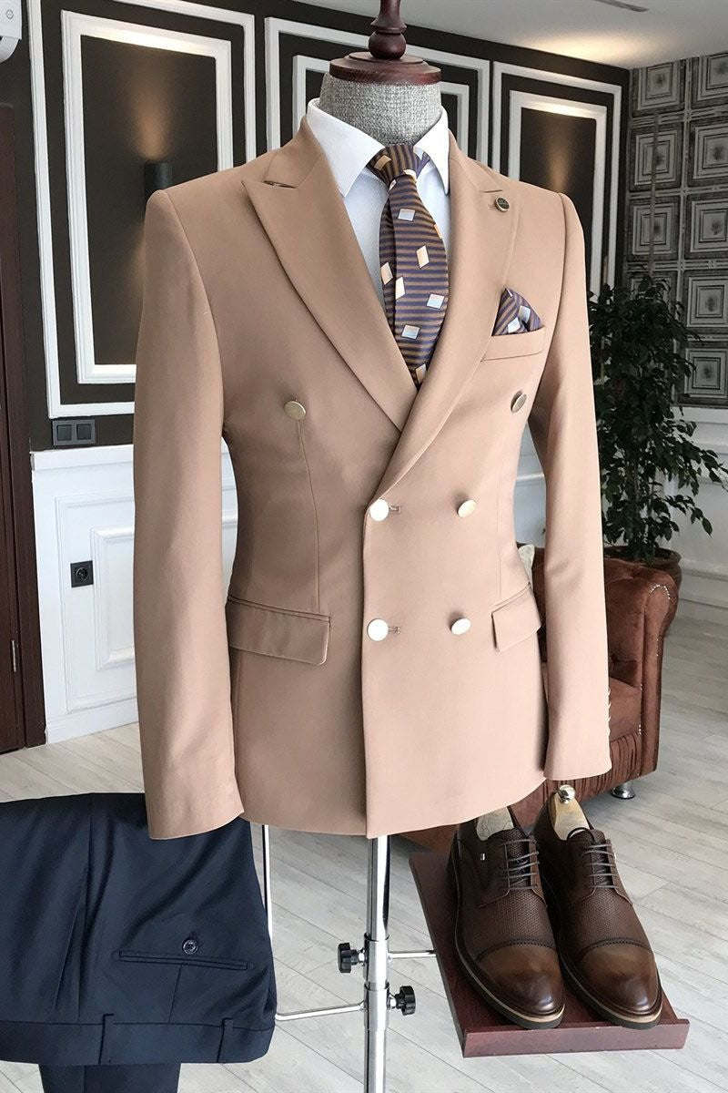 Formal Pink Peaked Lapel Double Breasted Suits For Men Business