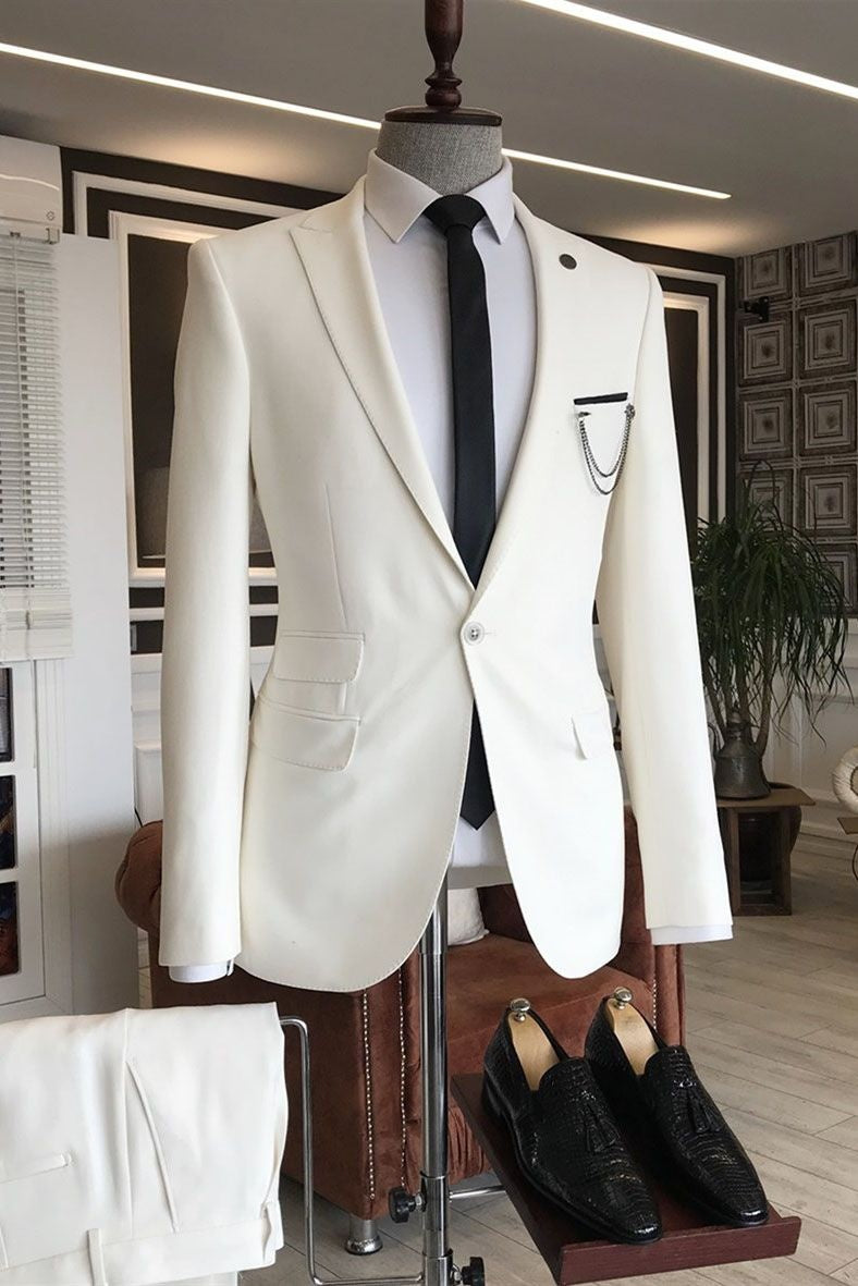 Formal White Peaked Lapel One Button 3 Flaps Men Suits
